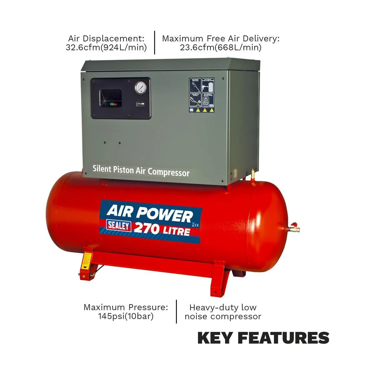 270L Low Noise Belt Drive Air Compressor with Cast Cylinders 7.5hp 3ph 2-Stage