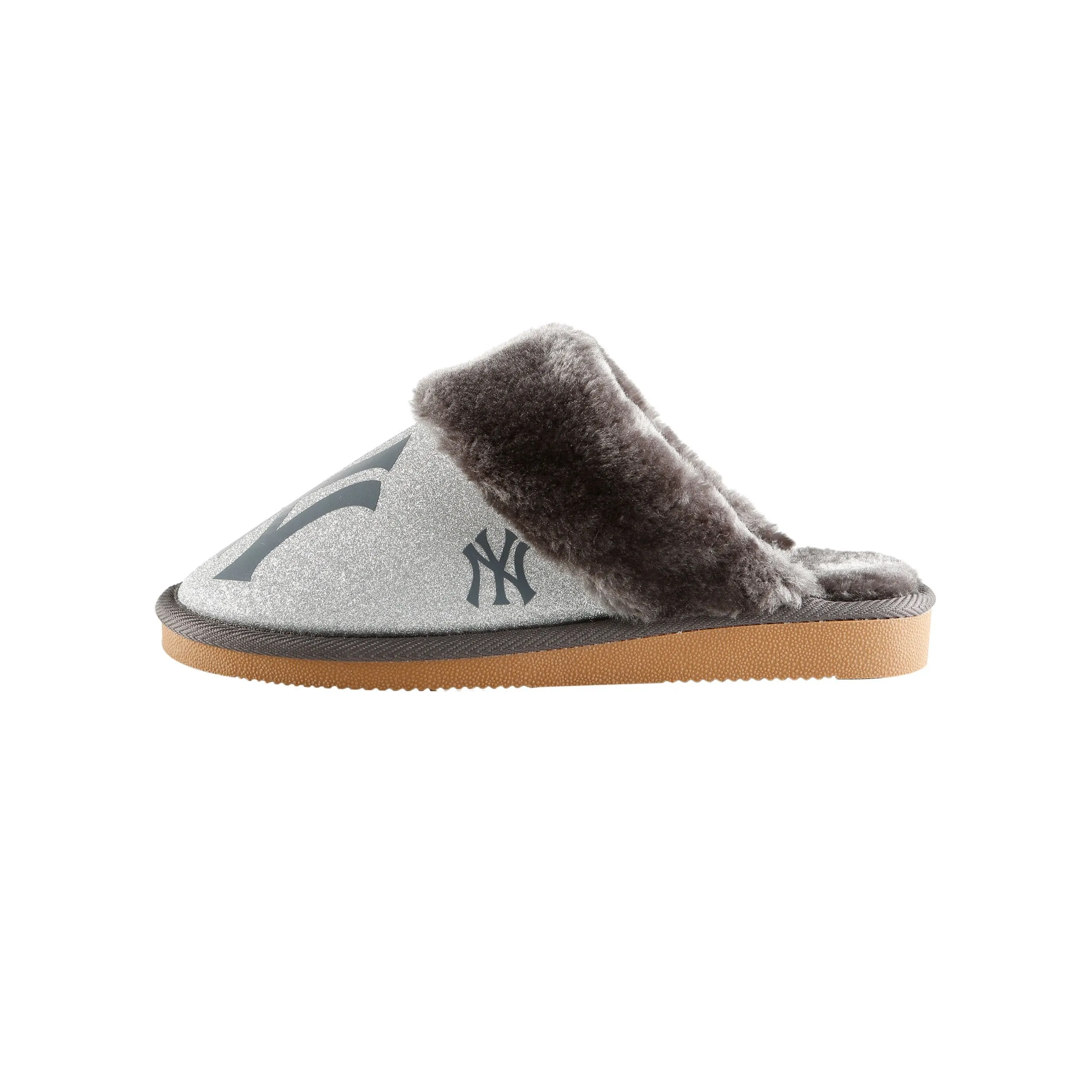New York Yankees MLB Womens Glitter Open Back Fur Moccasin Slippers