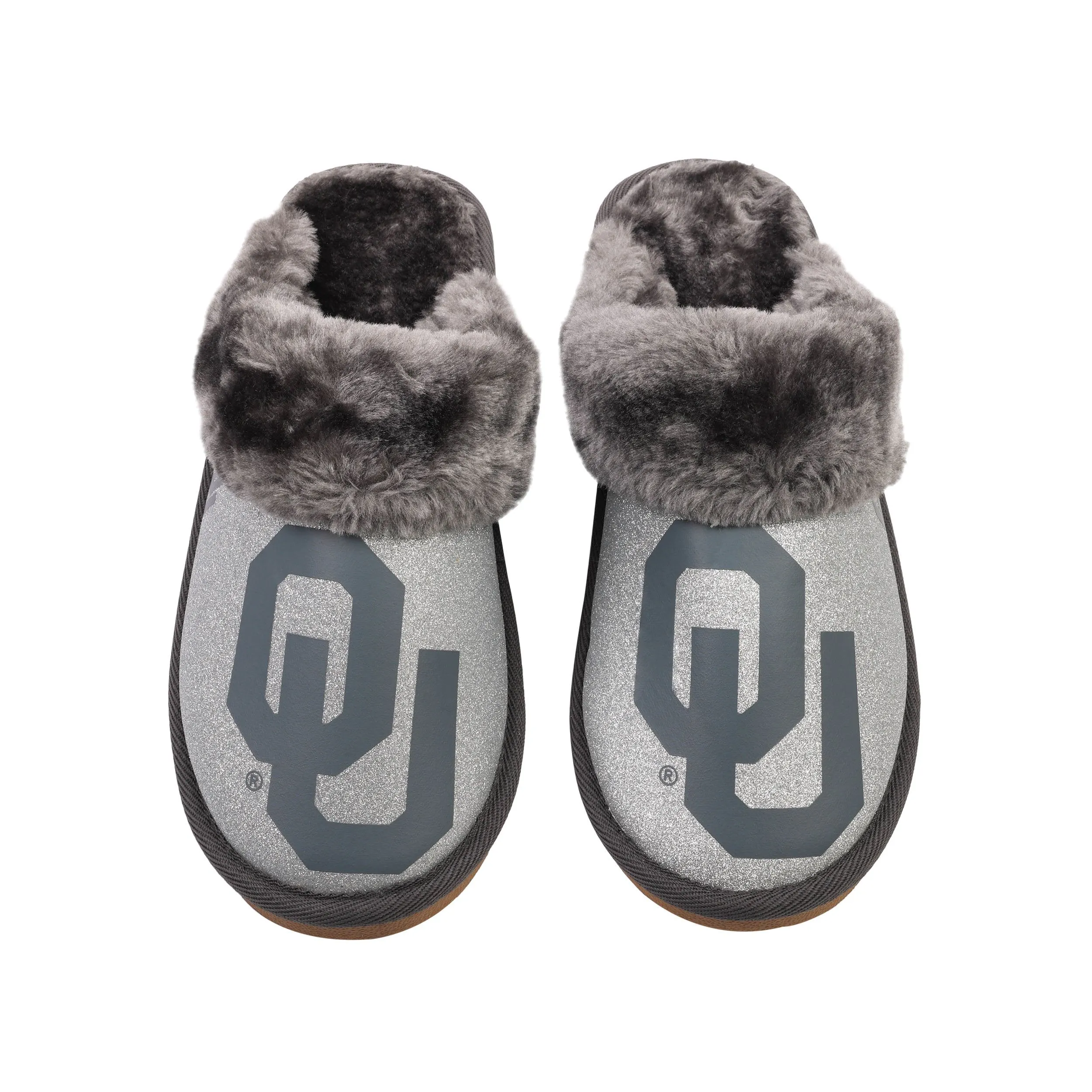 Oklahoma Sooners NCAA Womens Glitter Open Back Fur Moccasin Slippers