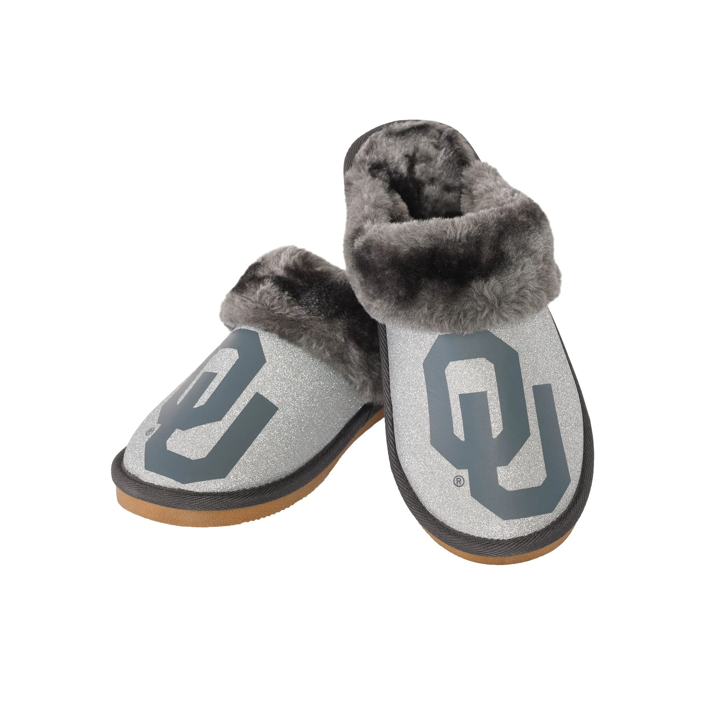 Oklahoma Sooners NCAA Womens Glitter Open Back Fur Moccasin Slippers