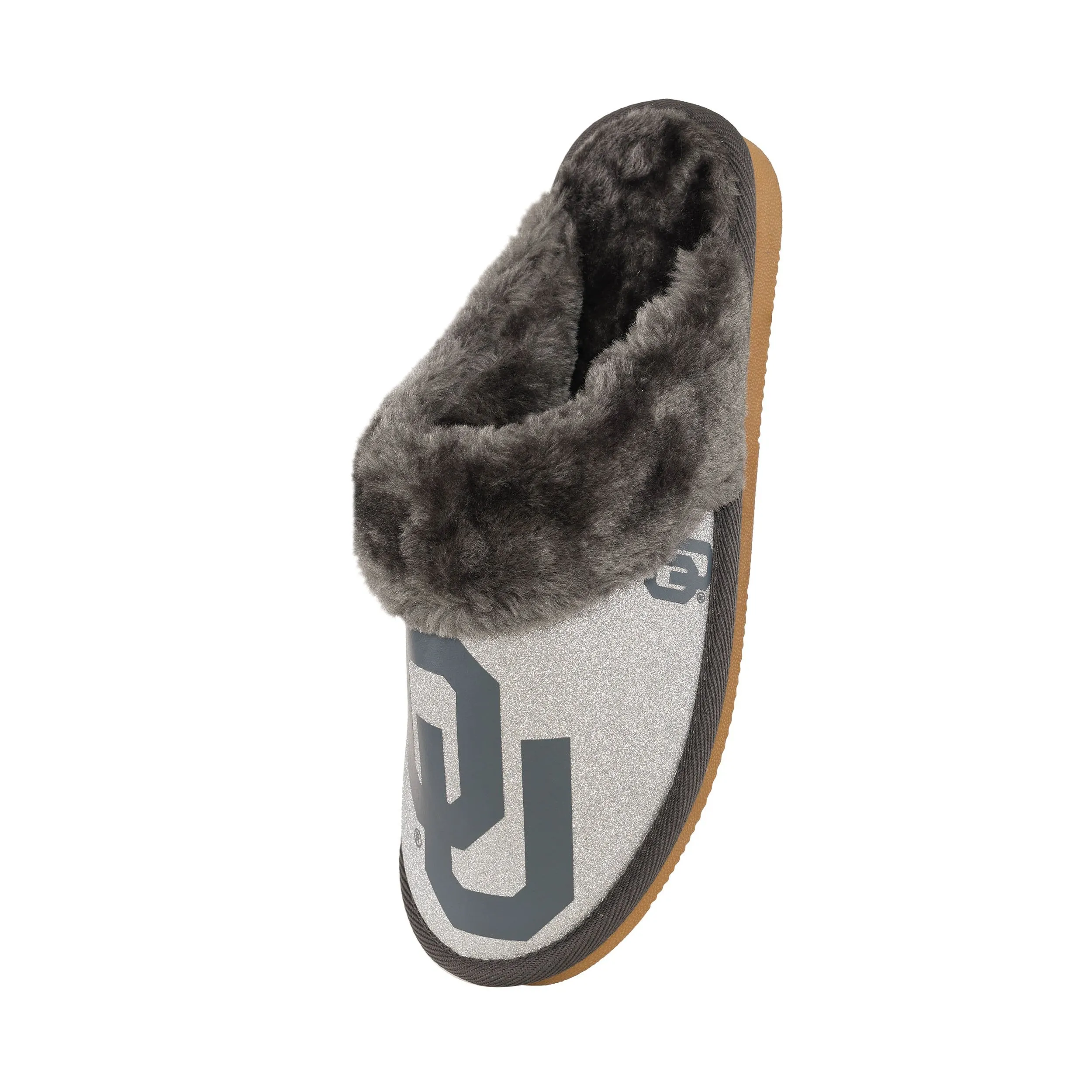 Oklahoma Sooners NCAA Womens Glitter Open Back Fur Moccasin Slippers