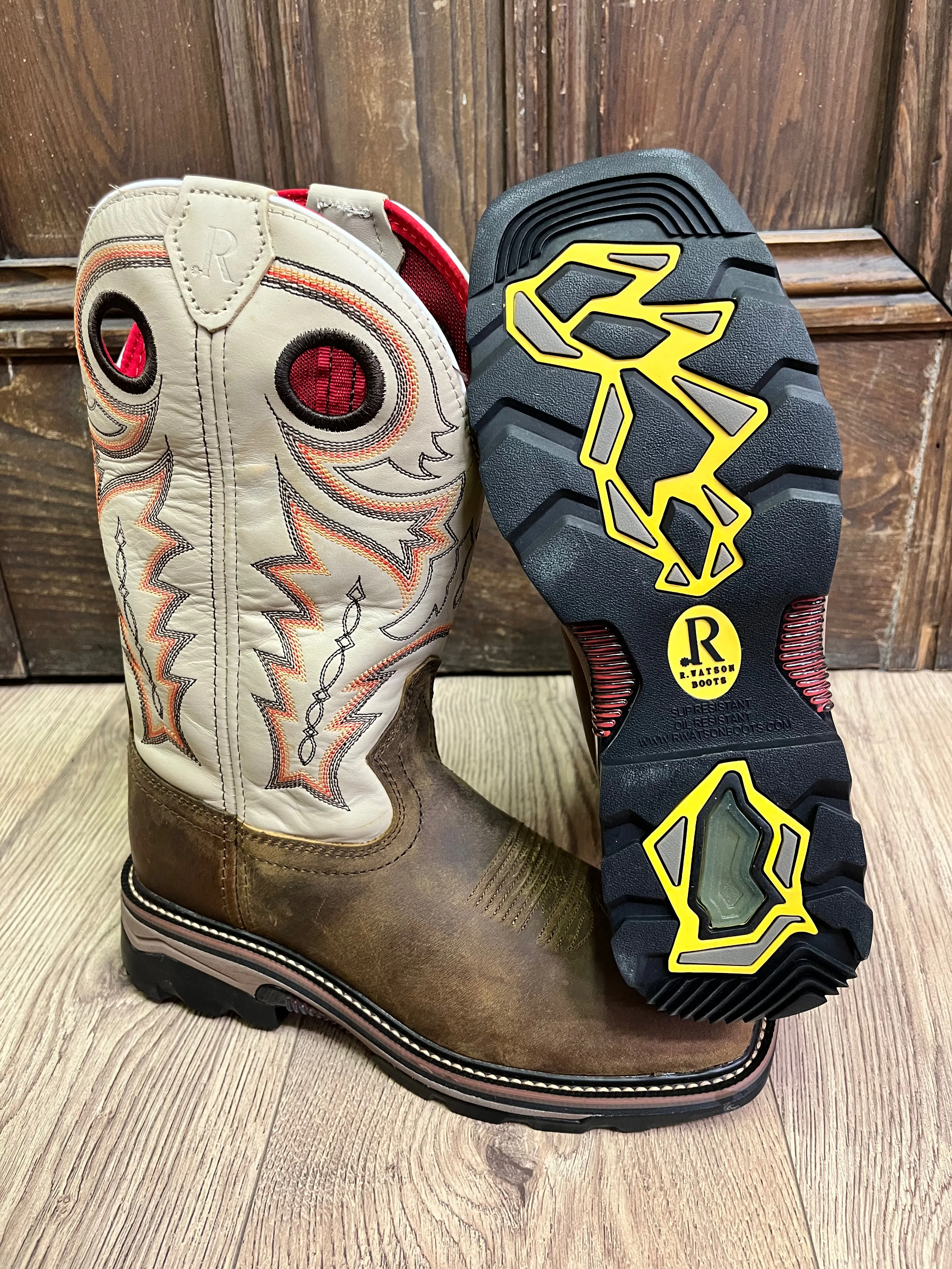 R. Watson Men's Chesnut Distressed Buffalo & Ivory Bone Western Cowboy Work Boots RW1011